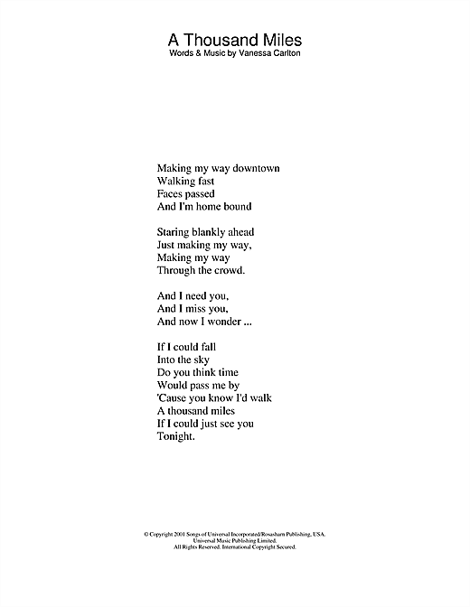 Preview Vanessa Carlton A Thousand Miles Pop sheet music, notes and chords for Lyrics Only, SKU: 23732 sheet music, piano notes, chords, guitar tabs, score, transpose, transcribe, how to play, guide, download, learn, tutorial, progression, song, artist, awards, billboard, mtv, vh1, tour, single, album, release