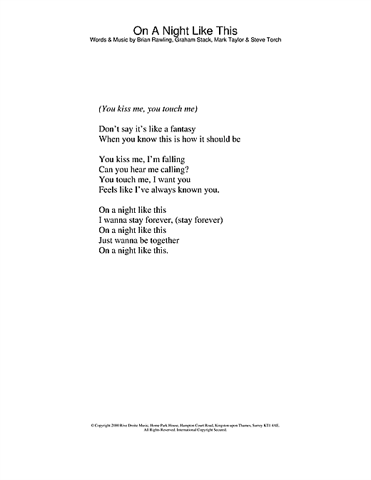 Preview Kylie Minogue On A Night Like This Pop sheet music, notes and chords for Lyrics Only, SKU: 23880 sheet music, piano notes, chords, guitar tabs, score, transpose, transcribe, how to play, guide, download, learn, tutorial, progression, song, artist, awards, billboard, mtv, vh1, tour, single, album, release