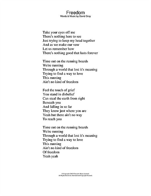 Preview David Gray Freedom Pop sheet music, notes and chords for Lyrics Only, SKU: 24099 sheet music, piano notes, chords, guitar tabs, score, transpose, transcribe, how to play, guide, download, learn, tutorial, progression, song, artist, awards, billboard, mtv, vh1, tour, single, album, release
