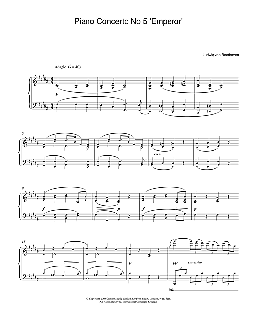 Preview Ludwig van Beethoven Piano Concerto No.5 (Emperor), E Flat Major, Op.73, Theme from the 2nd Movement Classical sheet music, notes and chords for Piano, SKU: 24424 sheet music, piano notes, chords, guitar tabs, score, transpose, transcribe, how to play, guide, download, learn, tutorial, progression, song, artist, awards, billboard, mtv, vh1, tour, single, album, release