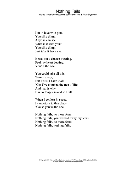 Preview Madonna Nothing Fails Pop sheet music, notes and chords for Lyrics Only, SKU: 24607 sheet music, piano notes, chords, guitar tabs, score, transpose, transcribe, how to play, guide, download, learn, tutorial, progression, song, artist, awards, billboard, mtv, vh1, tour, single, album, release
