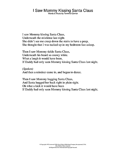 Preview Andy Williams I Saw Mommy Kissing Santa Claus Christmas sheet music, notes and chords for Lyrics Only, SKU: 24701 sheet music, piano notes, chords, guitar tabs, score, transpose, transcribe, how to play, guide, download, learn, tutorial, progression, song, artist, awards, billboard, mtv, vh1, tour, single, album, release