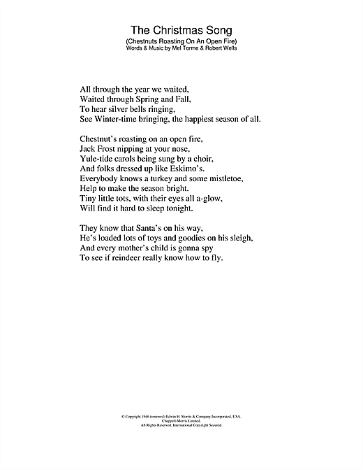 Preview Mel Torme The Christmas Song (Chestnuts Roasting On An Open Fire) Christmas sheet music, notes and chords for Lyrics Only, SKU: 24703 sheet music, piano notes, chords, guitar tabs, score, transpose, transcribe, how to play, guide, download, learn, tutorial, progression, song, artist, awards, billboard, mtv, vh1, tour, single, album, release