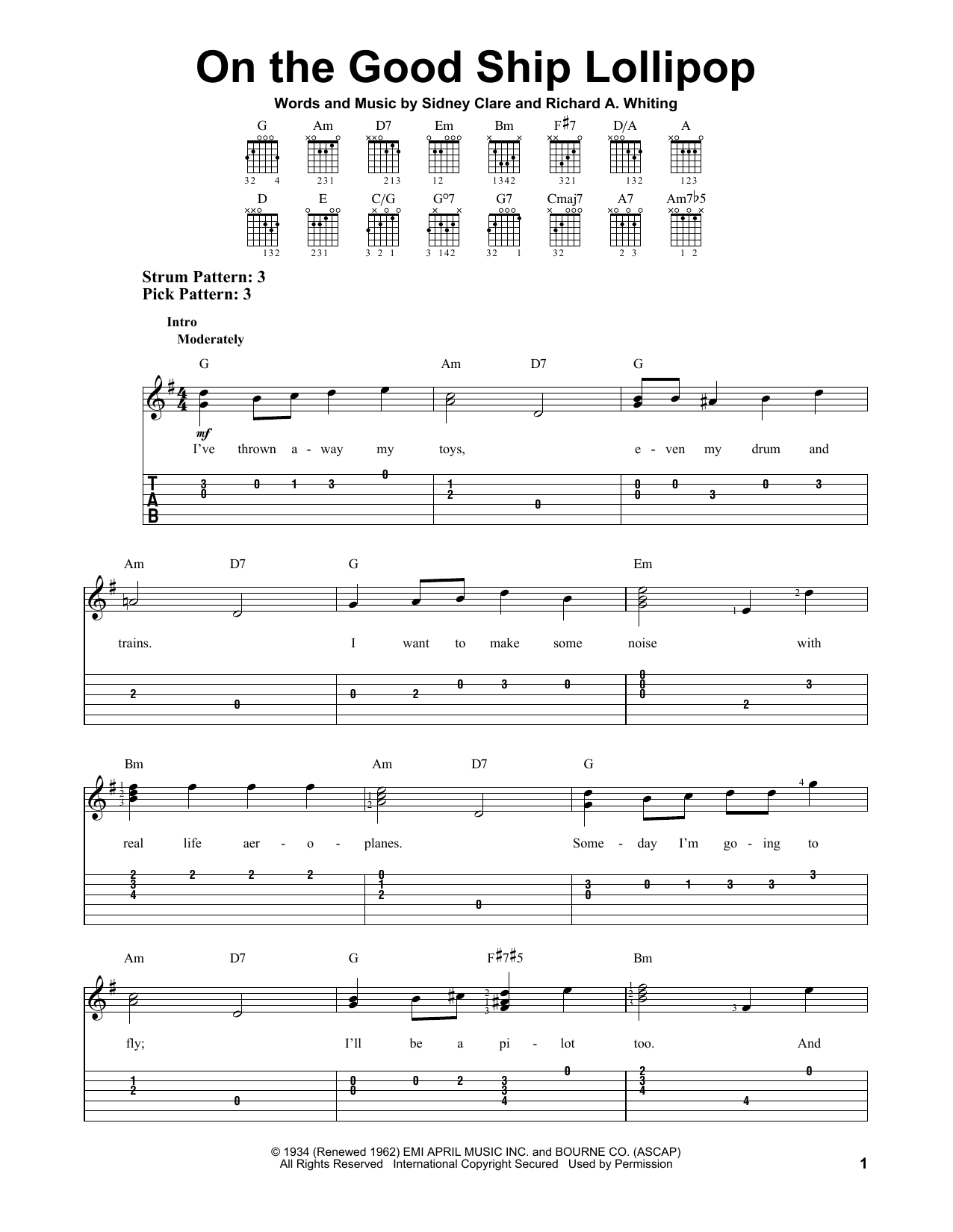 Preview Richard A. Whiting On The Good Ship Lollipop Children sheet music, notes and chords for Easy Guitar Tab, SKU: 250724 sheet music, piano notes, chords, guitar tabs, score, transpose, transcribe, how to play, guide, download, learn, tutorial, progression, song, artist, awards, billboard, mtv, vh1, tour, single, album, release