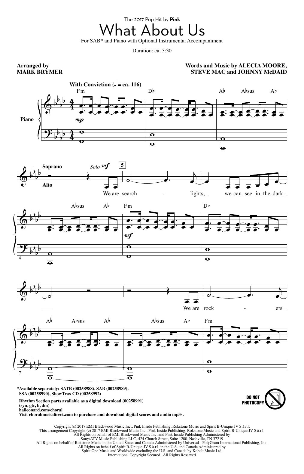 Preview Pink What About Us (arr. Mark Brymer) Rock sheet music, notes and chords for SAB, SKU: 251010 sheet music, piano notes, chords, guitar tabs, score, transpose, transcribe, how to play, guide, download, learn, tutorial, progression, song, artist, awards, billboard, mtv, vh1, tour, single, album, release
