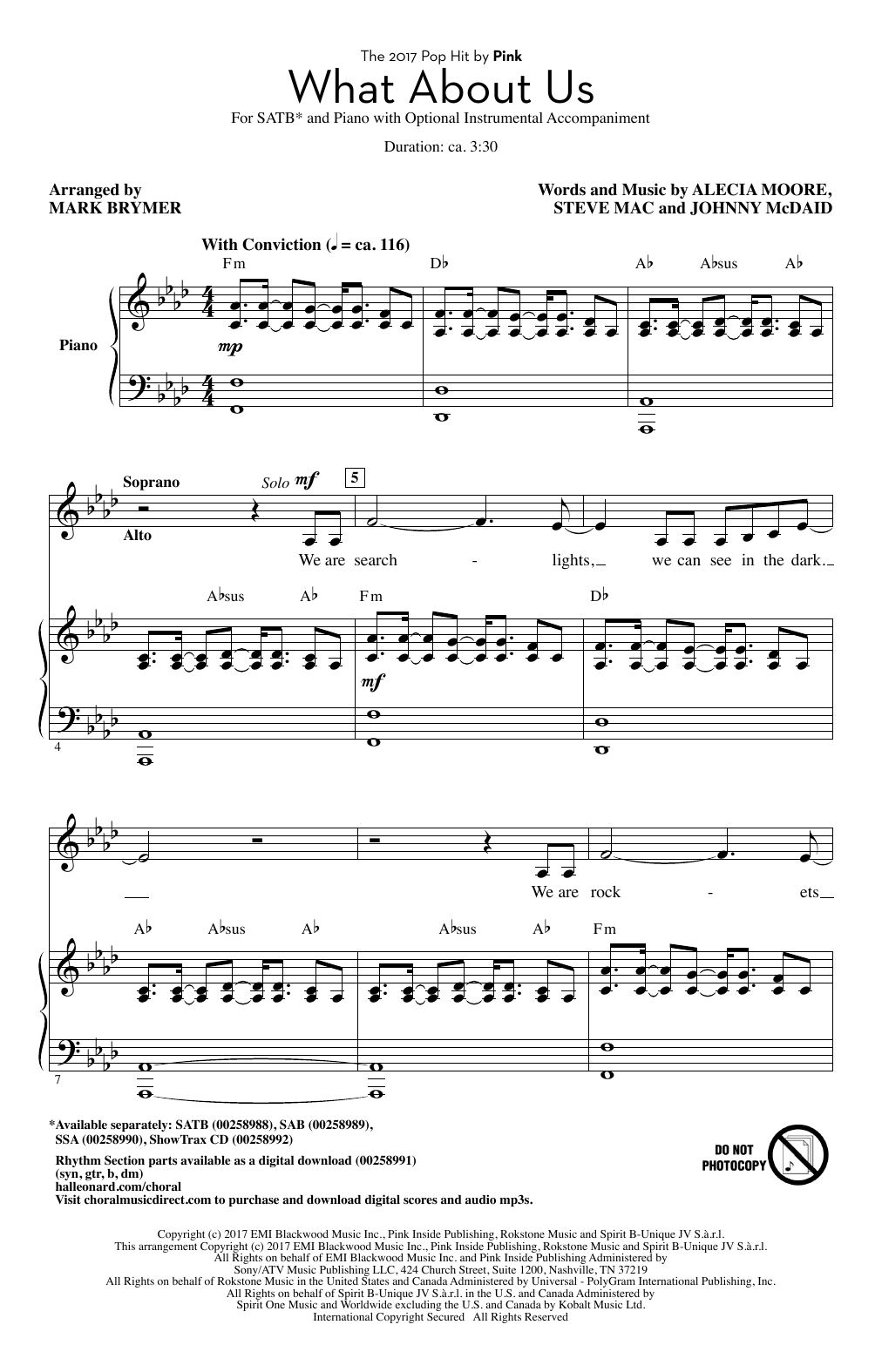 Preview Pink What About Us (arr. Mark Brymer) Rock sheet music, notes and chords for SATB, SKU: 251013 sheet music, piano notes, chords, guitar tabs, score, transpose, transcribe, how to play, guide, download, learn, tutorial, progression, song, artist, awards, billboard, mtv, vh1, tour, single, album, release