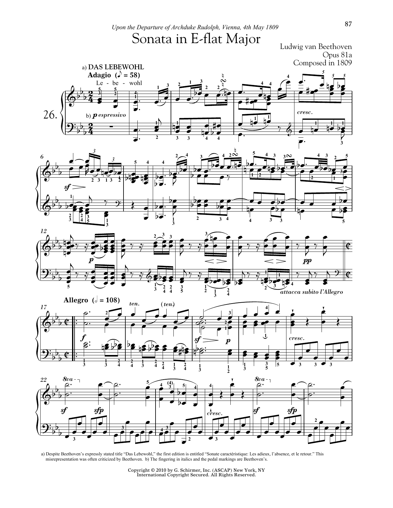 Preview Ludwig van Beethoven Piano Sonata No. 26 In E-Flat Major, Op. 81a Classical sheet music, notes and chords for Piano, SKU: 251166 sheet music, piano notes, chords, guitar tabs, score, transpose, transcribe, how to play, guide, download, learn, tutorial, progression, song, artist, awards, billboard, mtv, vh1, tour, single, album, release