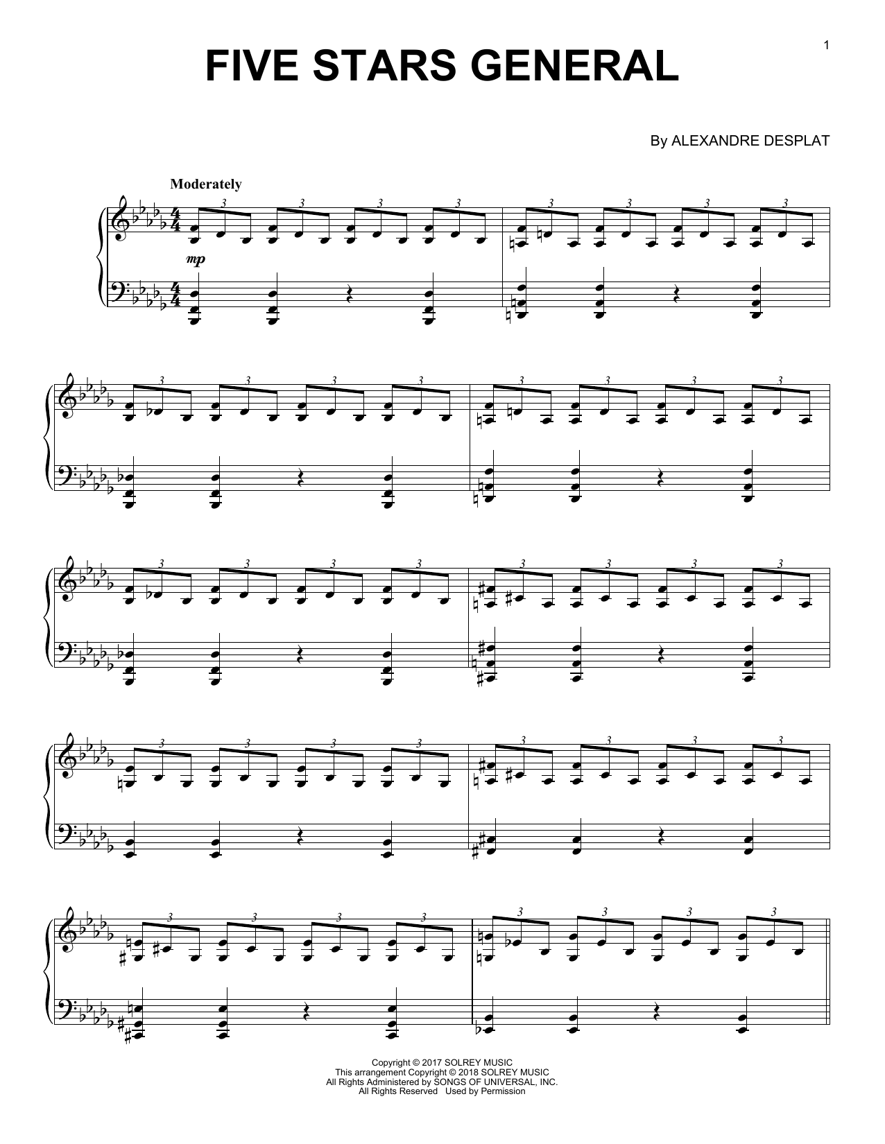 Preview Alexandre Desplat Five Stars General (from 'The Shape Of Water') Film and TV sheet music, notes and chords for Piano, SKU: 252071 sheet music, piano notes, chords, guitar tabs, score, transpose, transcribe, how to play, guide, download, learn, tutorial, progression, song, artist, awards, billboard, mtv, vh1, tour, single, album, release