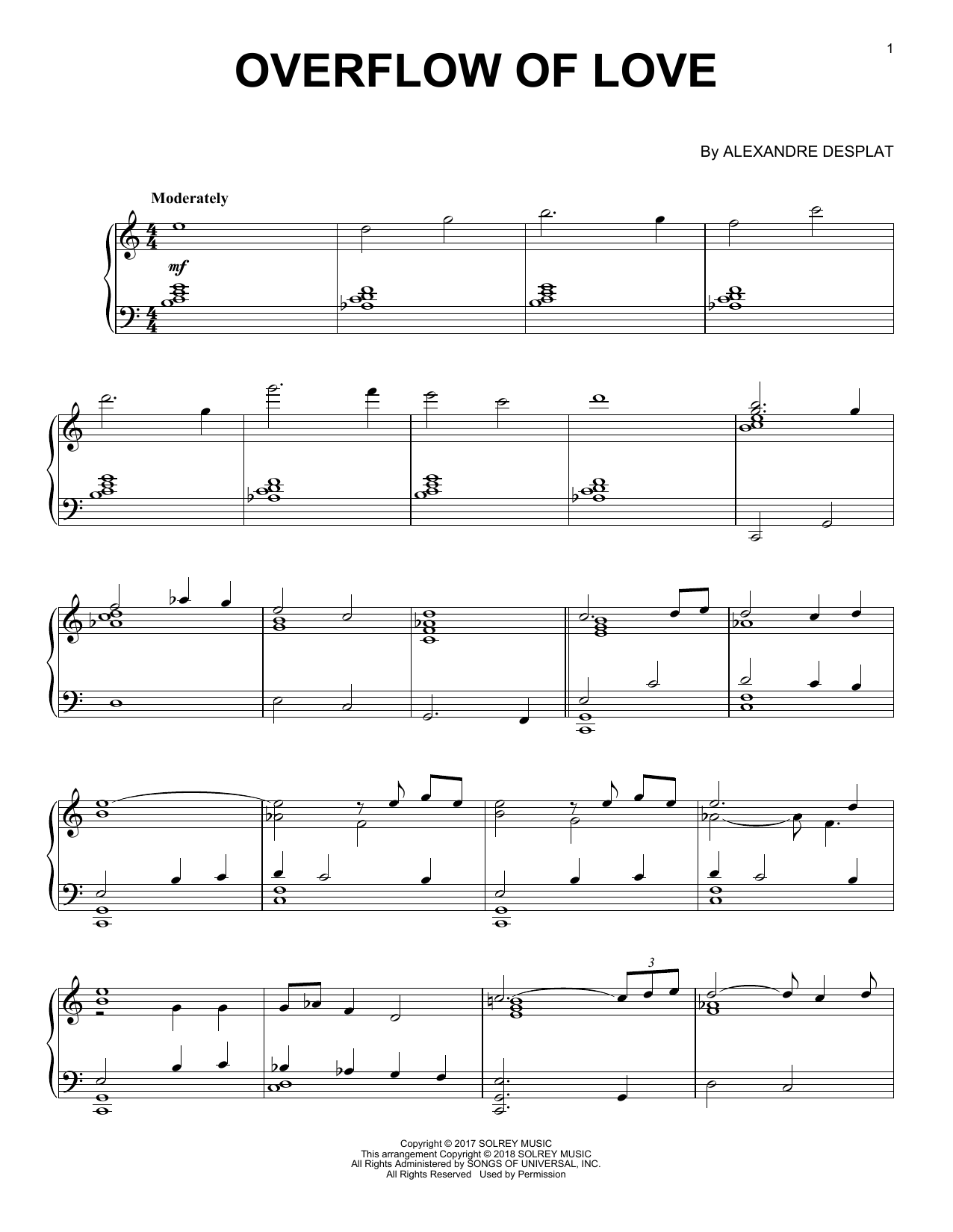 Preview Alexandre Desplat Overflow Of Love (from 'The Shape Of Water') Film and TV sheet music, notes and chords for Piano, SKU: 252074 sheet music, piano notes, chords, guitar tabs, score, transpose, transcribe, how to play, guide, download, learn, tutorial, progression, song, artist, awards, billboard, mtv, vh1, tour, single, album, release