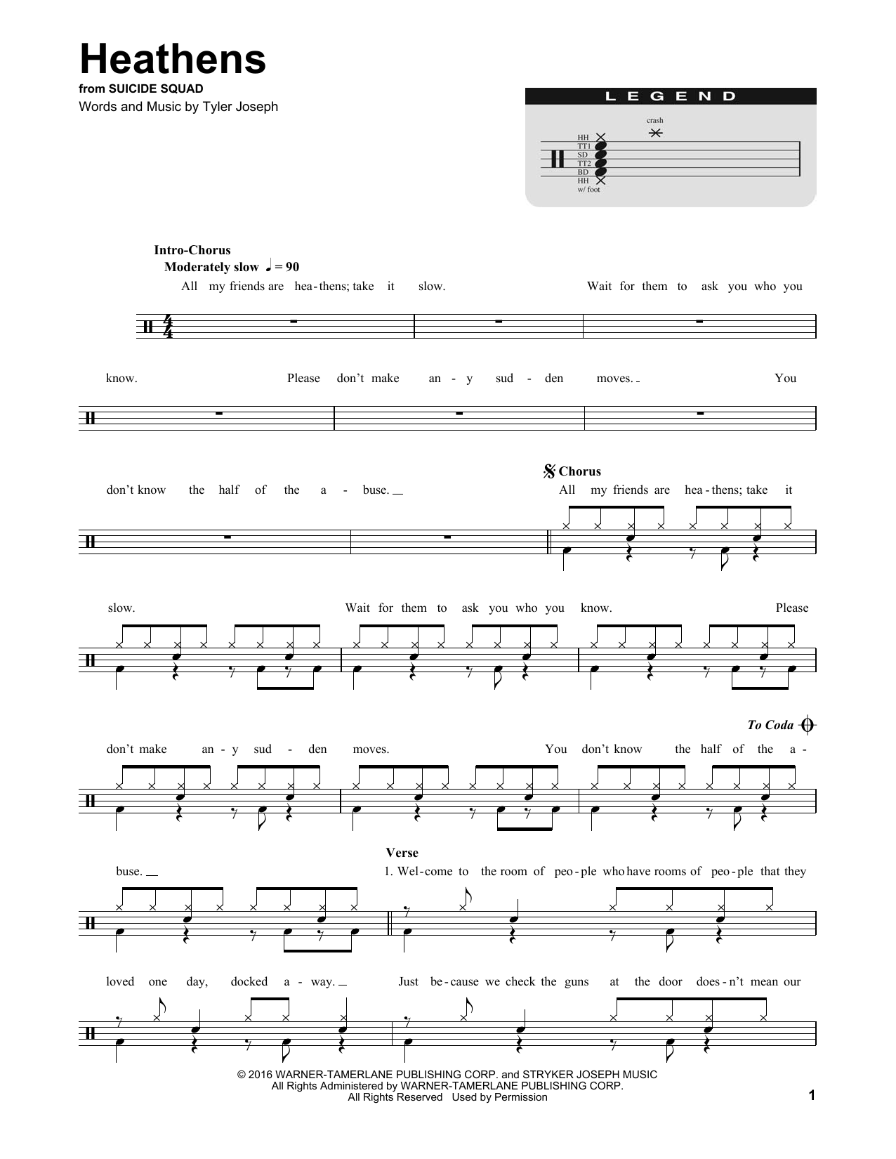 Preview twenty one pilots Heathens Rock sheet music, notes and chords for Drums Transcription, SKU: 252129 sheet music, piano notes, chords, guitar tabs, score, transpose, transcribe, how to play, guide, download, learn, tutorial, progression, song, artist, awards, billboard, mtv, vh1, tour, single, album, release