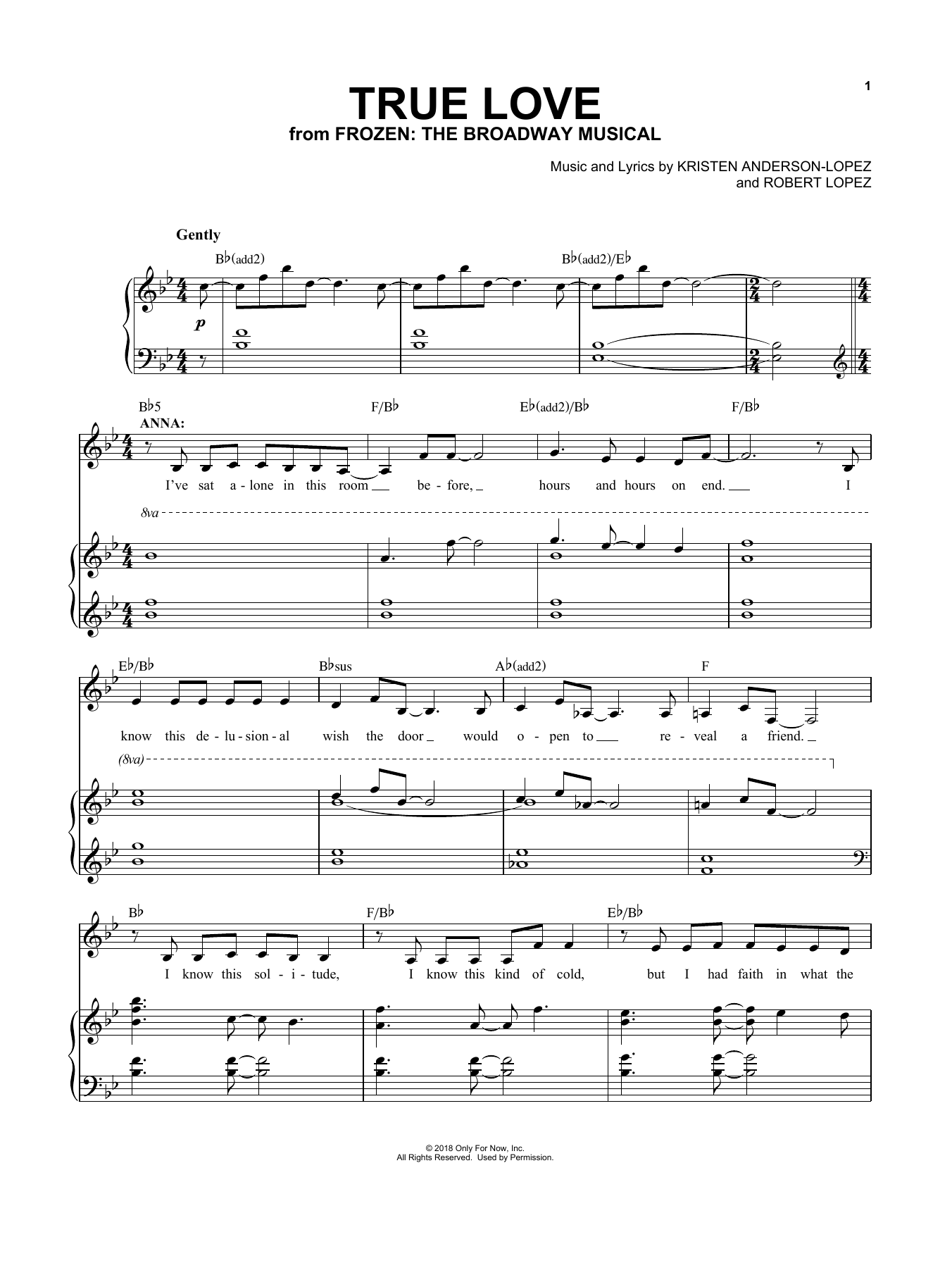 Preview Kristen Anderson-Lopez & Robert Lopez True Love (from Frozen: The Broadway Musical) Film and TV sheet music, notes and chords for Piano & Vocal, SKU: 252266 sheet music, piano notes, chords, guitar tabs, score, transpose, transcribe, how to play, guide, download, learn, tutorial, progression, song, artist, awards, billboard, mtv, vh1, tour, single, album, release
