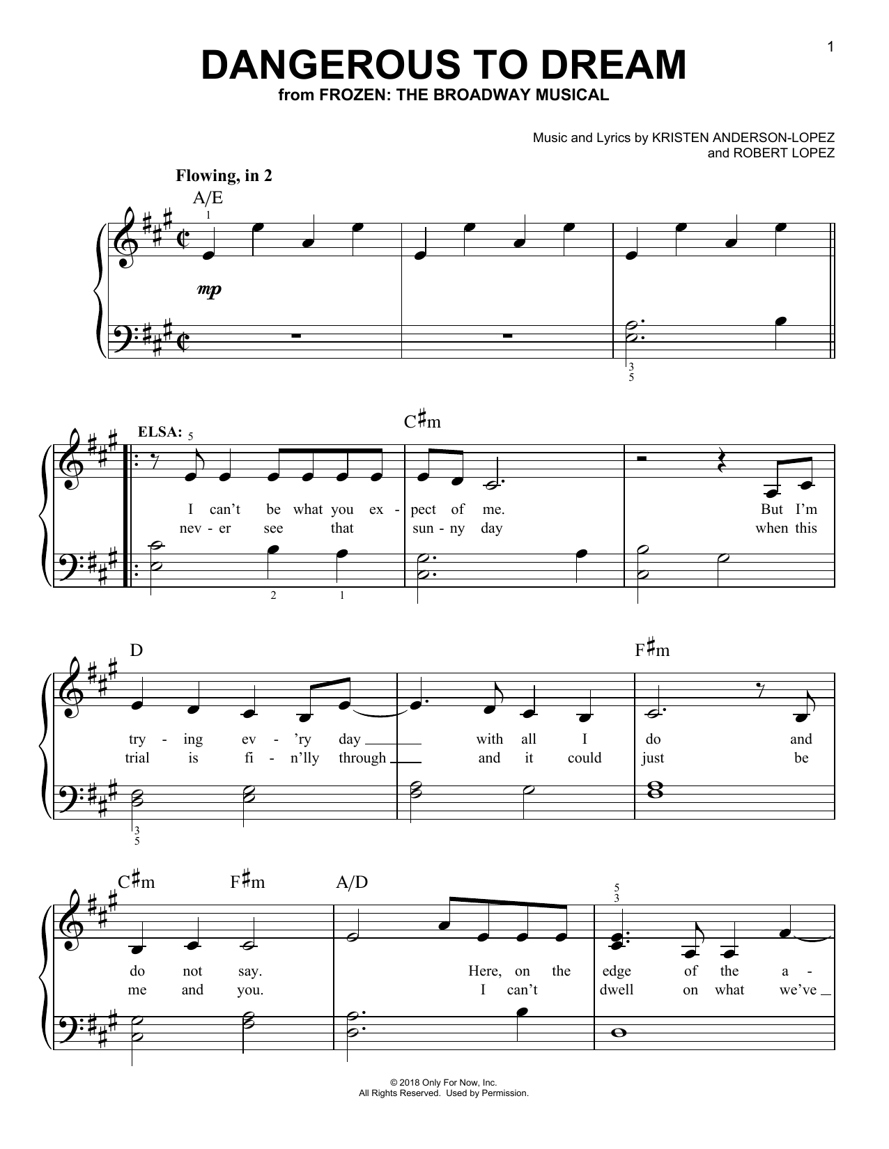 Preview Kristen Anderson-Lopez & Robert Lopez Dangerous To Dream (from Frozen: The Broadway Musical) Film and TV sheet music, notes and chords for Easy Piano, SKU: 252760 sheet music, piano notes, chords, guitar tabs, score, transpose, transcribe, how to play, guide, download, learn, tutorial, progression, song, artist, awards, billboard, mtv, vh1, tour, single, album, release