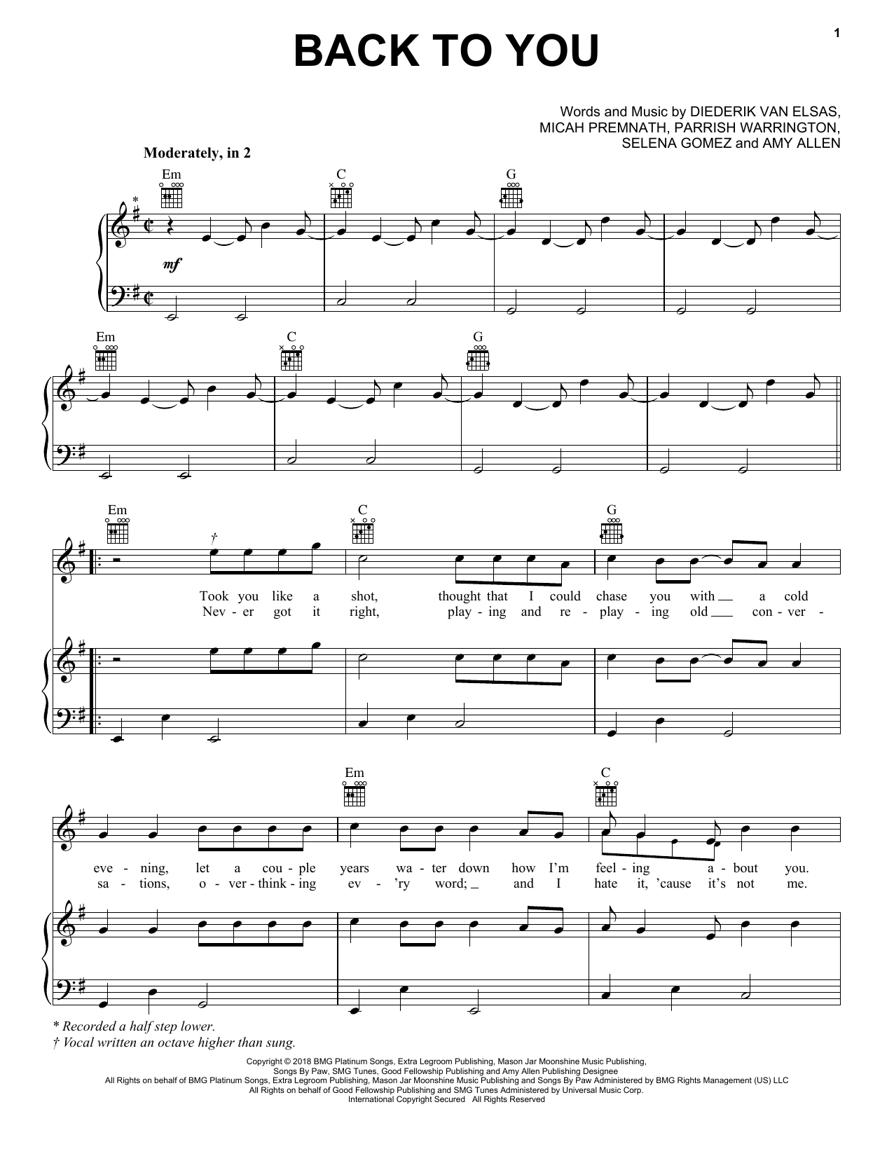 Preview Selena Gomez Back To You (from 13 Reasons Why) Pop sheet music, notes and chords for Piano, Vocal & Guitar (Right-Hand Melody), SKU: 252767 sheet music, piano notes, chords, guitar tabs, score, transpose, transcribe, how to play, guide, download, learn, tutorial, progression, song, artist, awards, billboard, mtv, vh1, tour, single, album, release