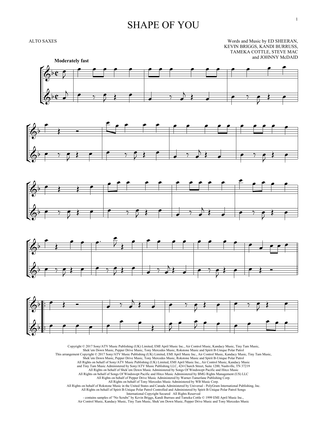 Preview Ed Sheeran Shape Of You Rock sheet music, notes and chords for Alto Saxophone Duet, SKU: 253014 sheet music, piano notes, chords, guitar tabs, score, transpose, transcribe, how to play, guide, download, learn, tutorial, progression, song, artist, awards, billboard, mtv, vh1, tour, single, album, release