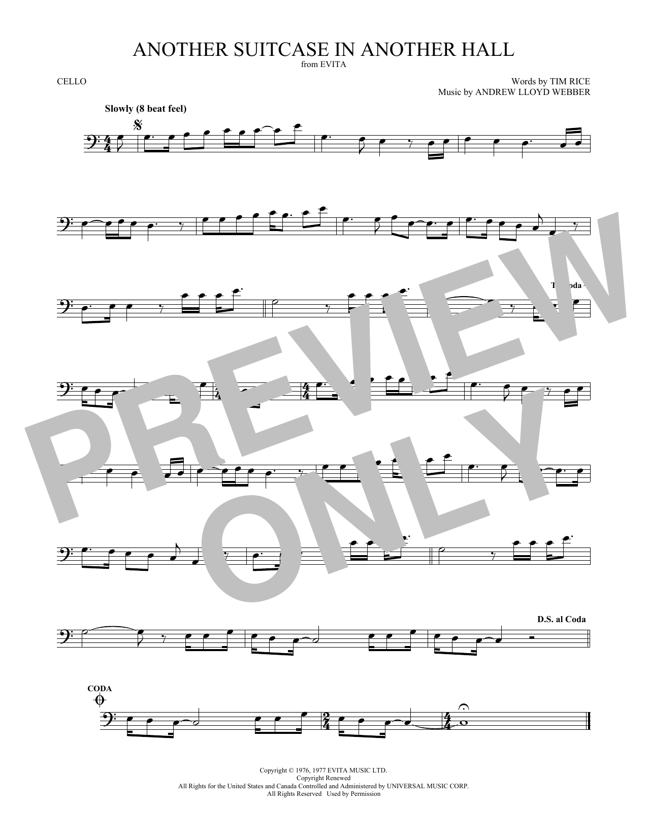 Preview Andrew Lloyd Webber Another Suitcase In Another Hall Broadway sheet music, notes and chords for Cello, SKU: 253147 sheet music, piano notes, chords, guitar tabs, score, transpose, transcribe, how to play, guide, download, learn, tutorial, progression, song, artist, awards, billboard, mtv, vh1, tour, single, album, release