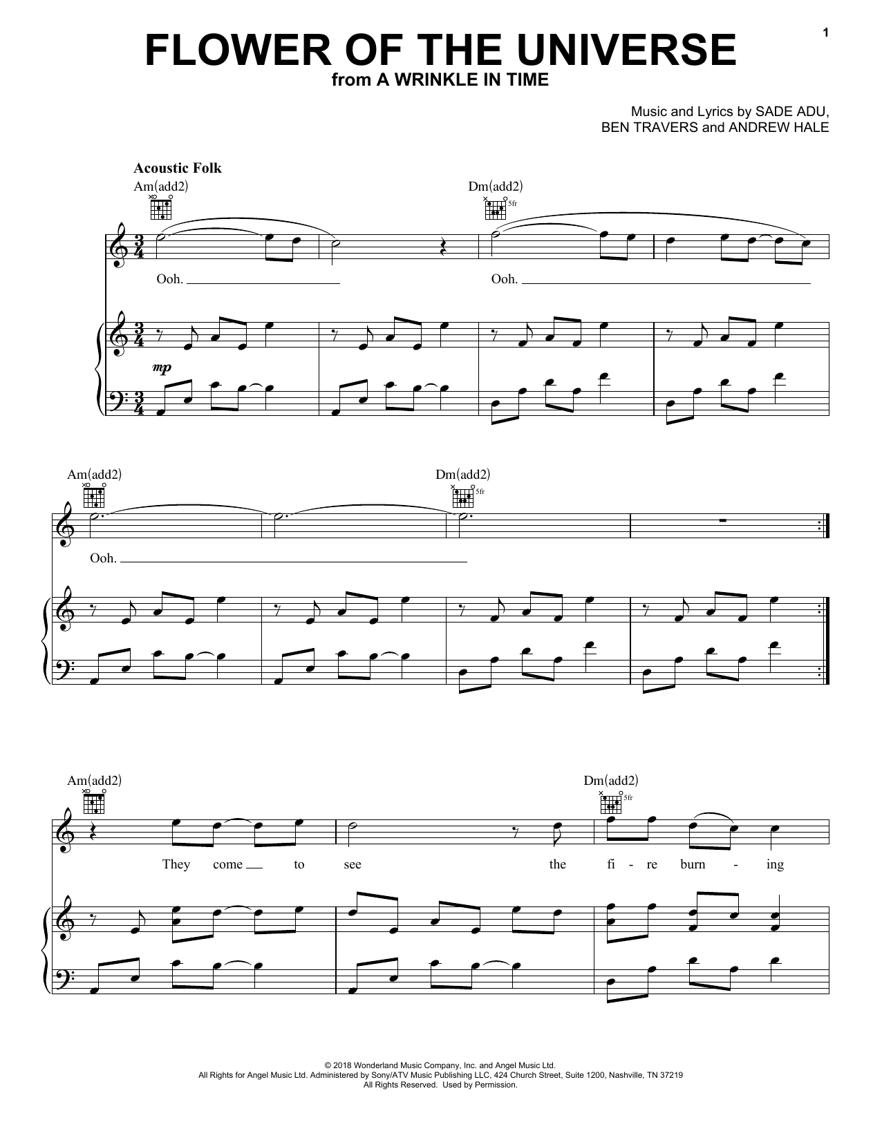 Preview Sade Adu Flower Of The Universe Film and TV sheet music, notes and chords for Piano, Vocal & Guitar (Right-Hand Melody), SKU: 253414 sheet music, piano notes, chords, guitar tabs, score, transpose, transcribe, how to play, guide, download, learn, tutorial, progression, song, artist, awards, billboard, mtv, vh1, tour, single, album, release