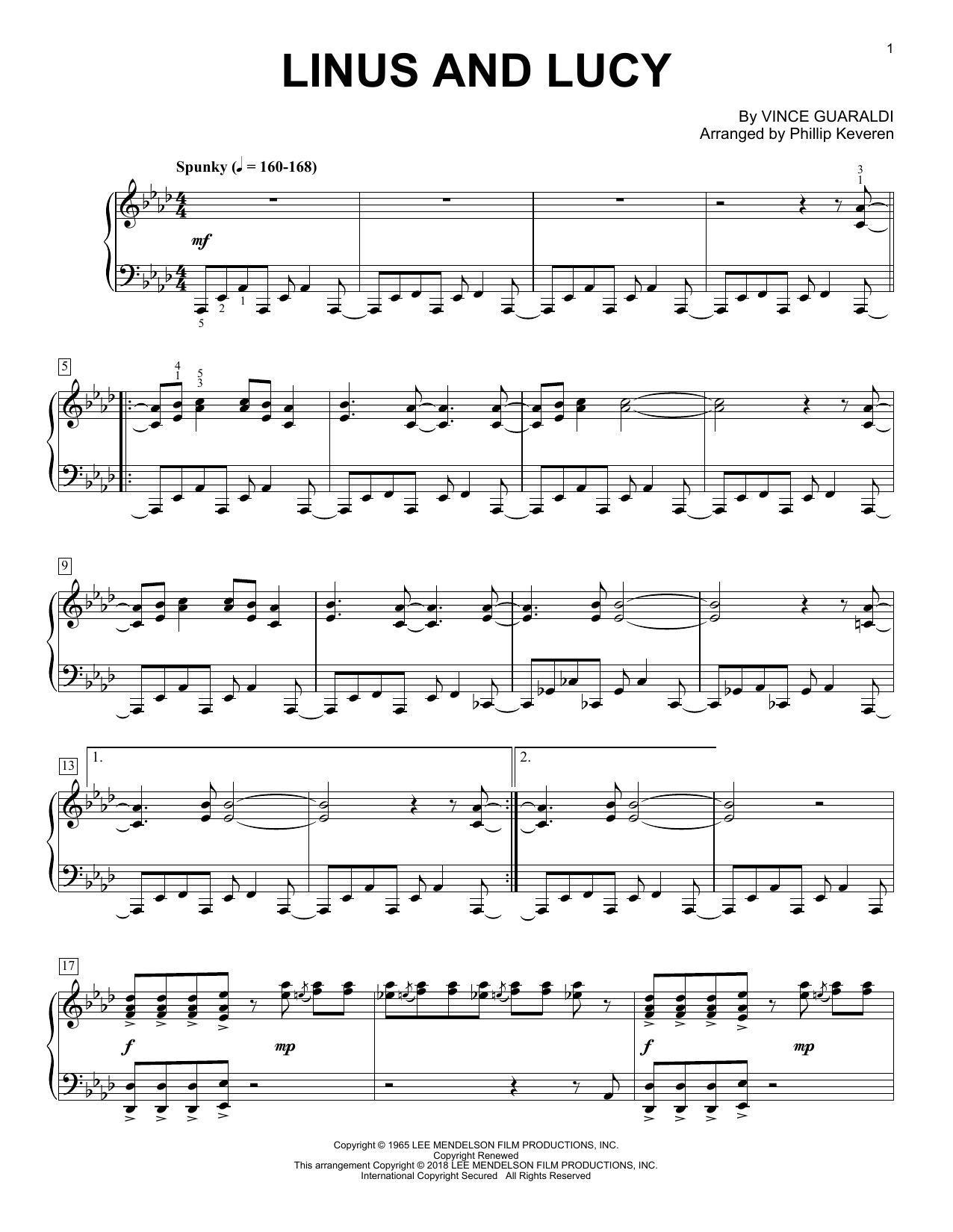 Preview Phillip Keveren Linus And Lucy Film and TV sheet music, notes and chords for Piano, SKU: 254143 sheet music, piano notes, chords, guitar tabs, score, transpose, transcribe, how to play, guide, download, learn, tutorial, progression, song, artist, awards, billboard, mtv, vh1, tour, single, album, release