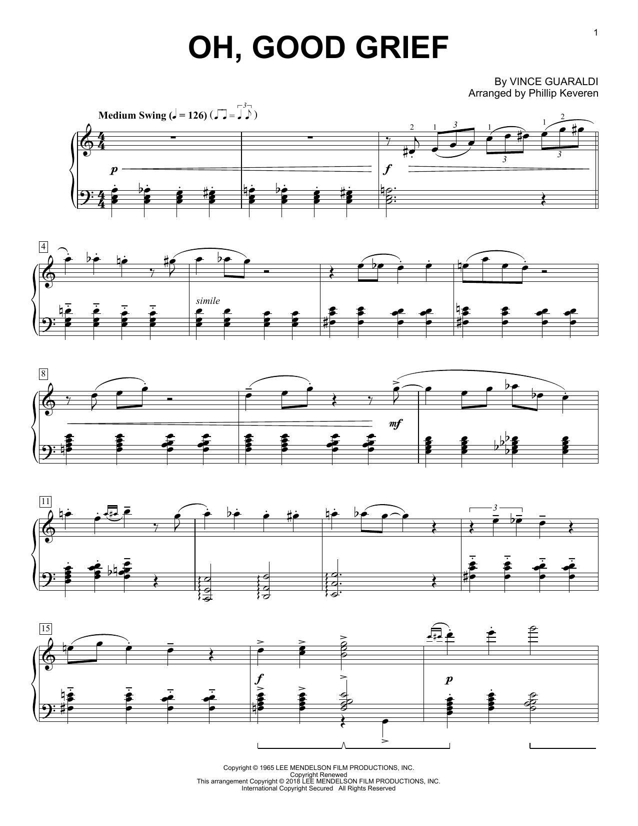 Preview Phillip Keveren Oh, Good Grief Film and TV sheet music, notes and chords for Piano, SKU: 254149 sheet music, piano notes, chords, guitar tabs, score, transpose, transcribe, how to play, guide, download, learn, tutorial, progression, song, artist, awards, billboard, mtv, vh1, tour, single, album, release