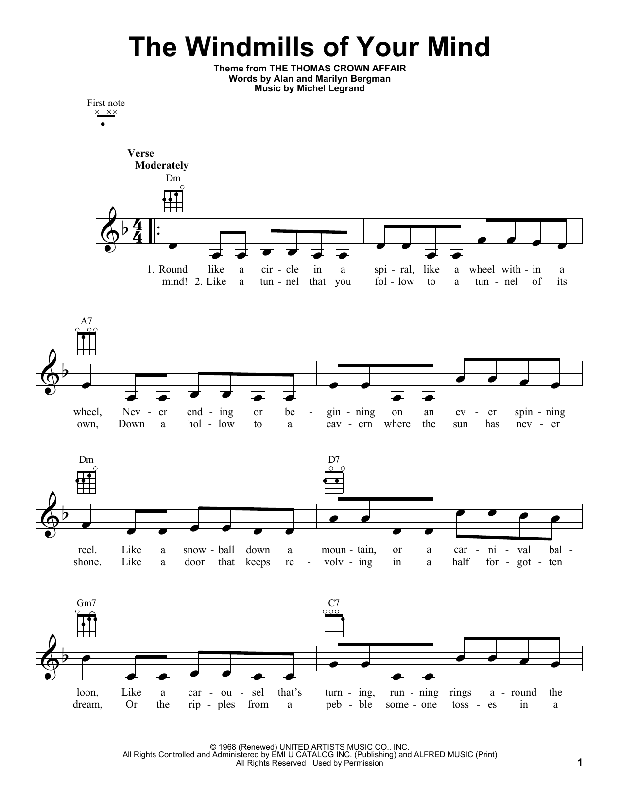 Preview Marilyn Bergman The Windmills Of Your Mind Film and TV sheet music, notes and chords for Ukulele, SKU: 254381 sheet music, piano notes, chords, guitar tabs, score, transpose, transcribe, how to play, guide, download, learn, tutorial, progression, song, artist, awards, billboard, mtv, vh1, tour, single, album, release