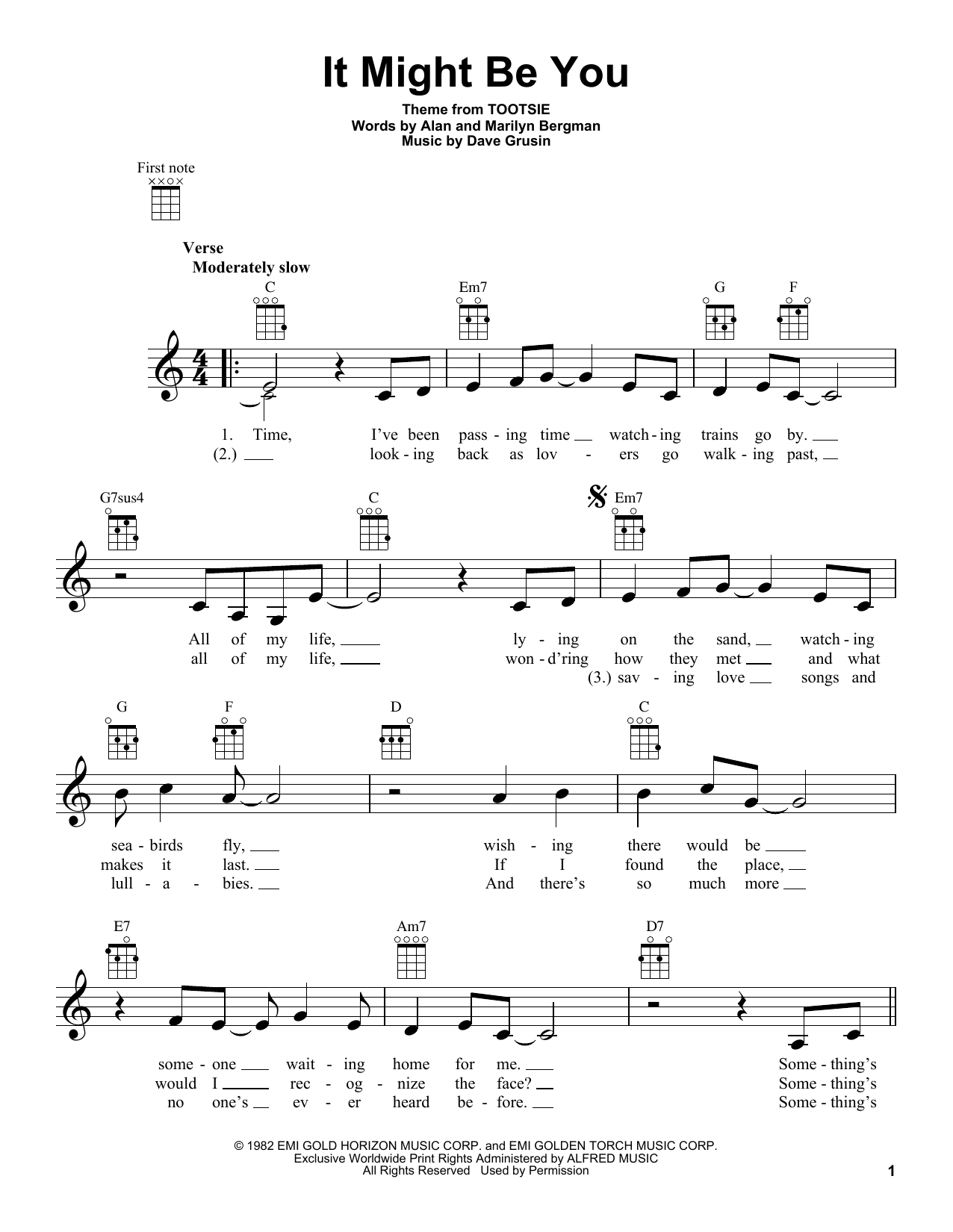Preview Marilyn Bergman It Might Be You Film and TV sheet music, notes and chords for Ukulele, SKU: 254383 sheet music, piano notes, chords, guitar tabs, score, transpose, transcribe, how to play, guide, download, learn, tutorial, progression, song, artist, awards, billboard, mtv, vh1, tour, single, album, release