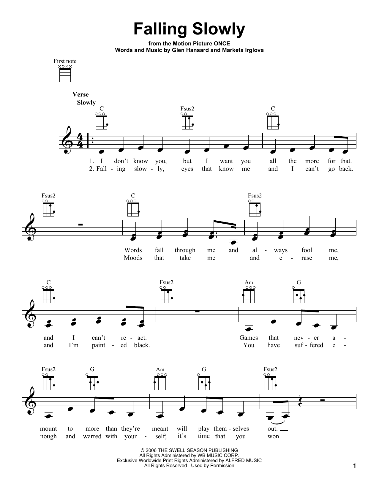 Preview Glen Hansard Falling Slowly Film and TV sheet music, notes and chords for Ukulele, SKU: 254384 sheet music, piano notes, chords, guitar tabs, score, transpose, transcribe, how to play, guide, download, learn, tutorial, progression, song, artist, awards, billboard, mtv, vh1, tour, single, album, release