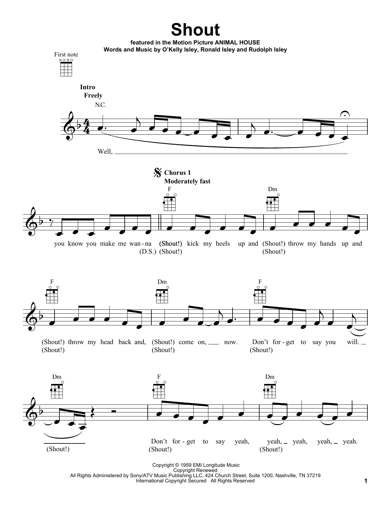 Preview The Isley Brothers Shout Film and TV sheet music, notes and chords for Ukulele, SKU: 254394 sheet music, piano notes, chords, guitar tabs, score, transpose, transcribe, how to play, guide, download, learn, tutorial, progression, song, artist, awards, billboard, mtv, vh1, tour, single, album, release
