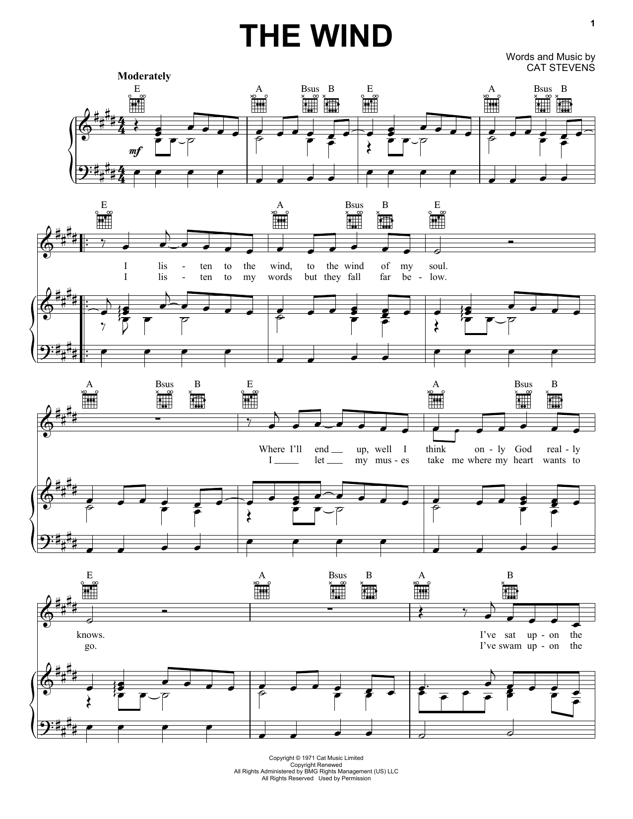 Preview Cat Stevens The Wind Film and TV sheet music, notes and chords for Piano, Vocal & Guitar (Right-Hand Melody), SKU: 254460 sheet music, piano notes, chords, guitar tabs, score, transpose, transcribe, how to play, guide, download, learn, tutorial, progression, song, artist, awards, billboard, mtv, vh1, tour, single, album, release