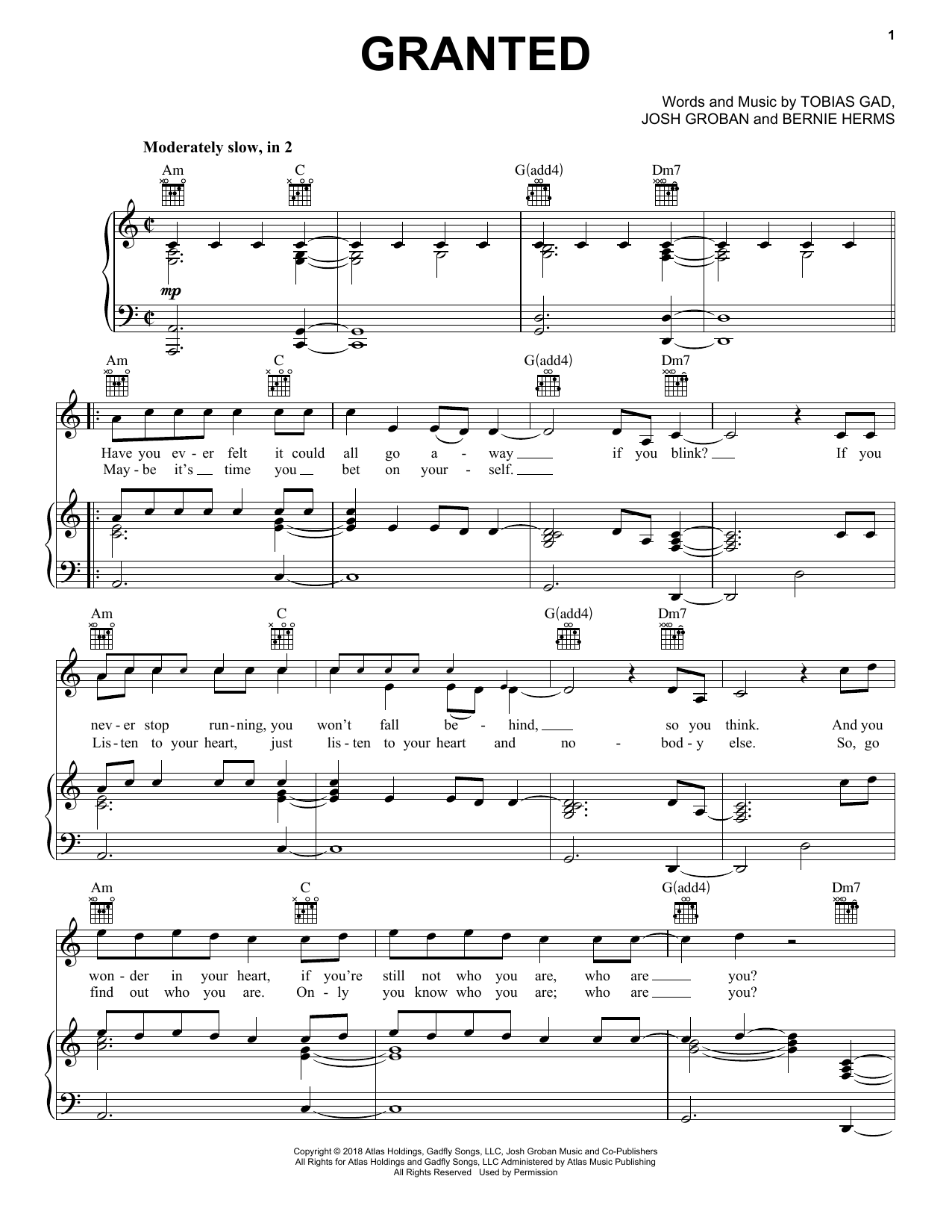 Preview Josh Groban Granted Pop sheet music, notes and chords for Piano, Vocal & Guitar (Right-Hand Melody), SKU: 254493 sheet music, piano notes, chords, guitar tabs, score, transpose, transcribe, how to play, guide, download, learn, tutorial, progression, song, artist, awards, billboard, mtv, vh1, tour, single, album, release