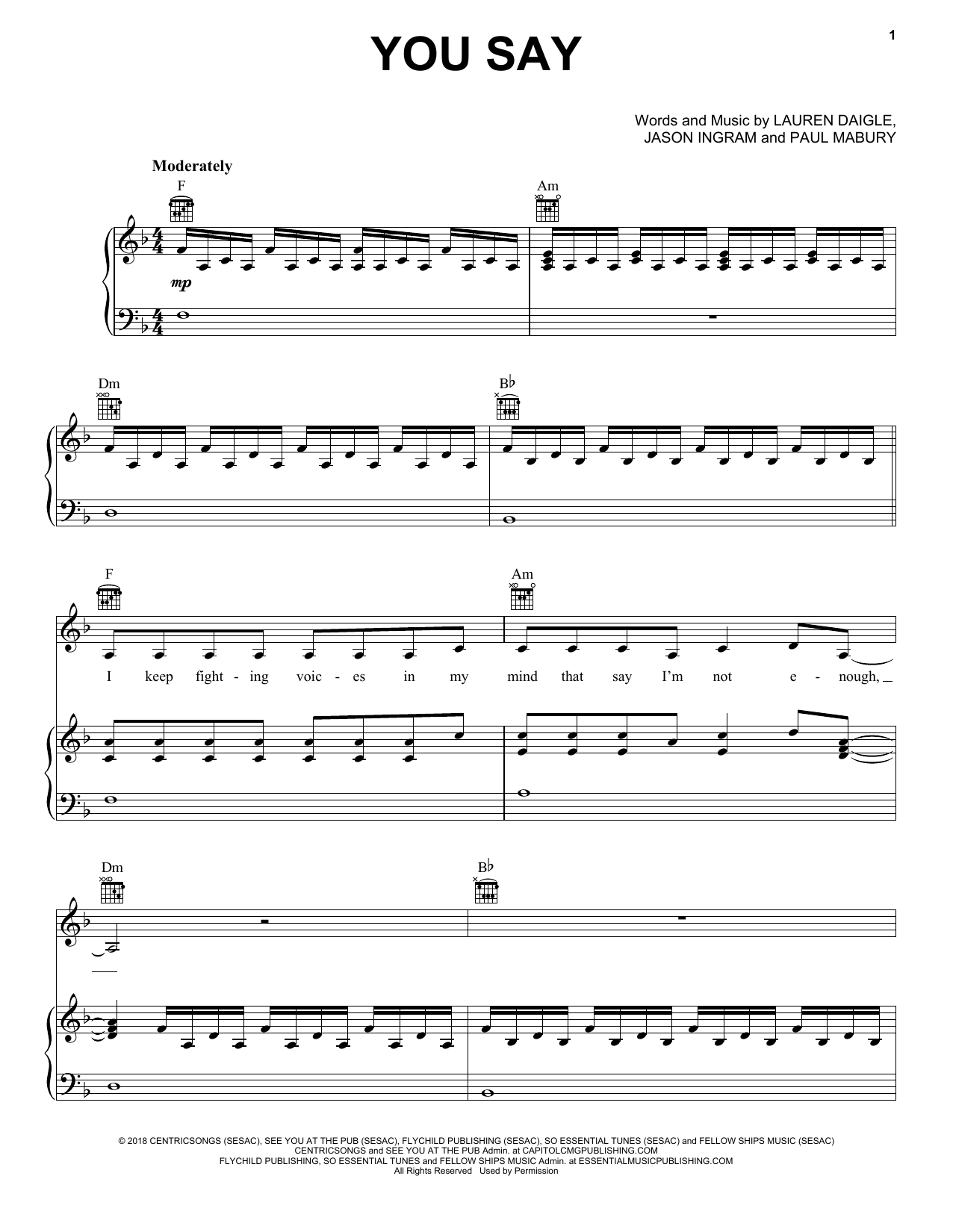 Preview Lauren Daigle You Say Pop sheet music, notes and chords for Piano, Vocal & Guitar (Right-Hand Melody), SKU: 254690 sheet music, piano notes, chords, guitar tabs, score, transpose, transcribe, how to play, guide, download, learn, tutorial, progression, song, artist, awards, billboard, mtv, vh1, tour, single, album, release
