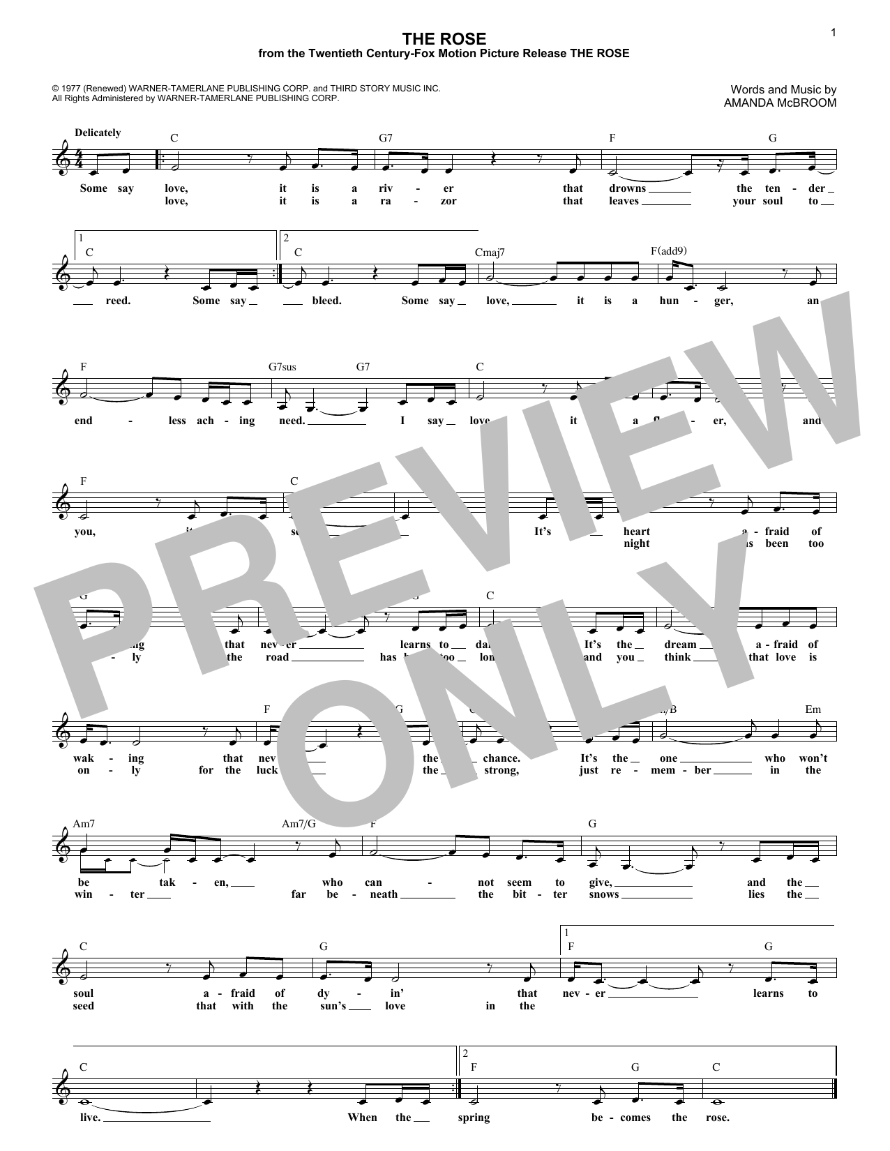 Preview Bette Midler The Rose Film and TV sheet music, notes and chords for Melody Line, Lyrics & Chords, SKU: 254736 sheet music, piano notes, chords, guitar tabs, score, transpose, transcribe, how to play, guide, download, learn, tutorial, progression, song, artist, awards, billboard, mtv, vh1, tour, single, album, release