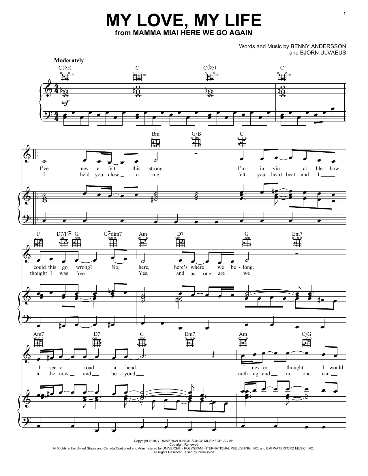 Preview ABBA (from Mamma Mia! Here We Go Again) My Love My Life Musicals sheet music, notes and chords for Piano, Vocal & Guitar (Right-Hand Melody), SKU: 254805 sheet music, piano notes, chords, guitar tabs, score, transpose, transcribe, how to play, guide, download, learn, tutorial, progression, song, artist, awards, billboard, mtv, vh1, tour, single, album, release