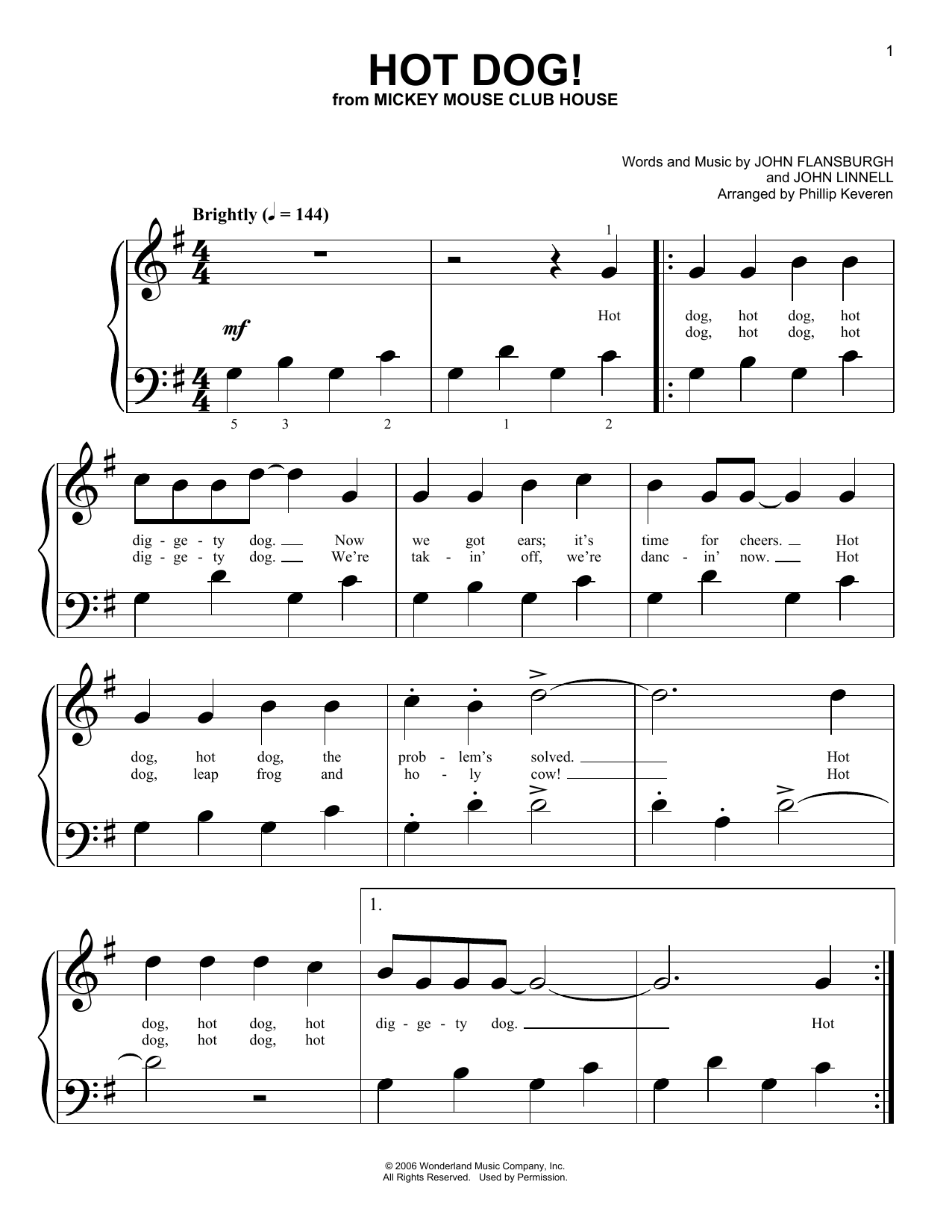 Preview They Might Be Giants Hot Dog! (arr. Phillip Keveren) Film and TV sheet music, notes and chords for Piano (Big Notes), SKU: 254874 sheet music, piano notes, chords, guitar tabs, score, transpose, transcribe, how to play, guide, download, learn, tutorial, progression, song, artist, awards, billboard, mtv, vh1, tour, single, album, release