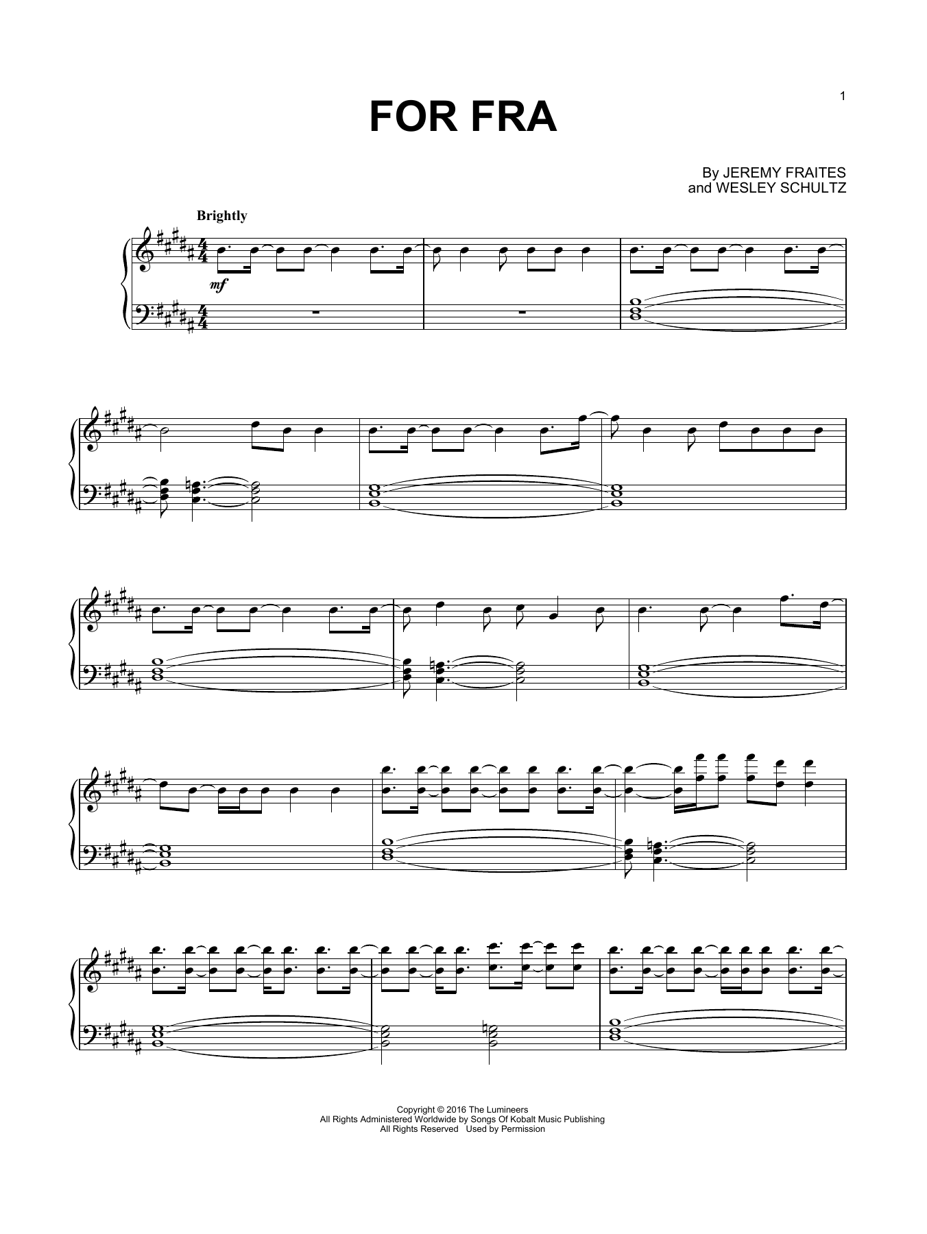 Preview The Lumineers For Fra Pop sheet music, notes and chords for Piano, SKU: 254963 sheet music, piano notes, chords, guitar tabs, score, transpose, transcribe, how to play, guide, download, learn, tutorial, progression, song, artist, awards, billboard, mtv, vh1, tour, single, album, release