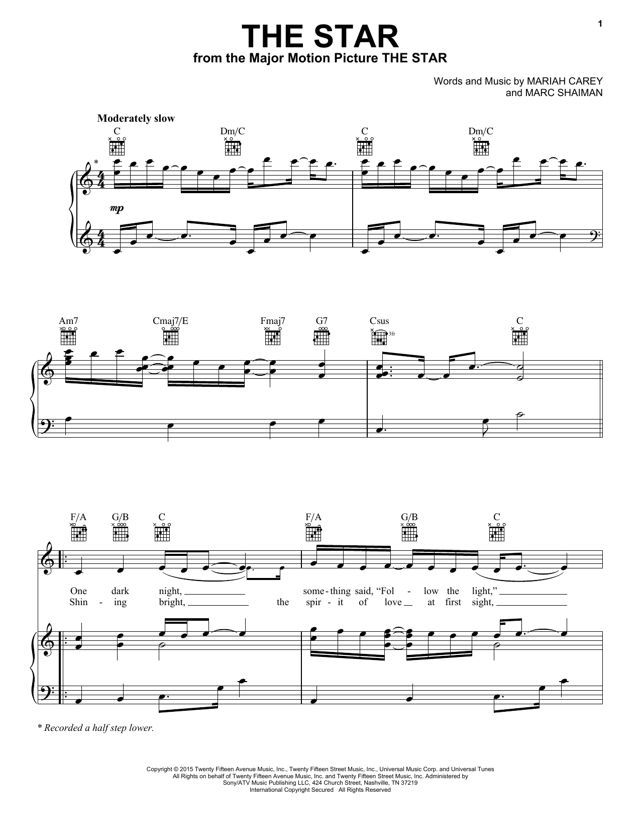 Preview Mariah Carey The Star Christmas sheet music, notes and chords for Piano, Vocal & Guitar (Right-Hand Melody), SKU: 255060 sheet music, piano notes, chords, guitar tabs, score, transpose, transcribe, how to play, guide, download, learn, tutorial, progression, song, artist, awards, billboard, mtv, vh1, tour, single, album, release