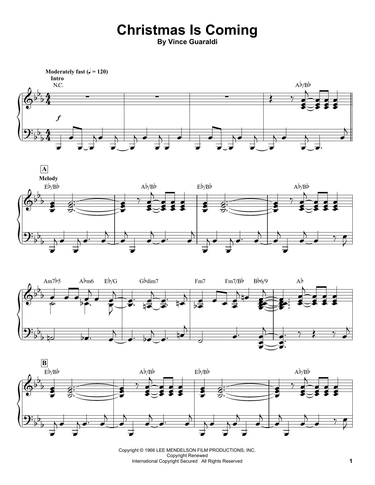 Preview Vince Guaraldi Christmas Is Coming Film and TV sheet music, notes and chords for Piano Transcription, SKU: 255105 sheet music, piano notes, chords, guitar tabs, score, transpose, transcribe, how to play, guide, download, learn, tutorial, progression, song, artist, awards, billboard, mtv, vh1, tour, single, album, release