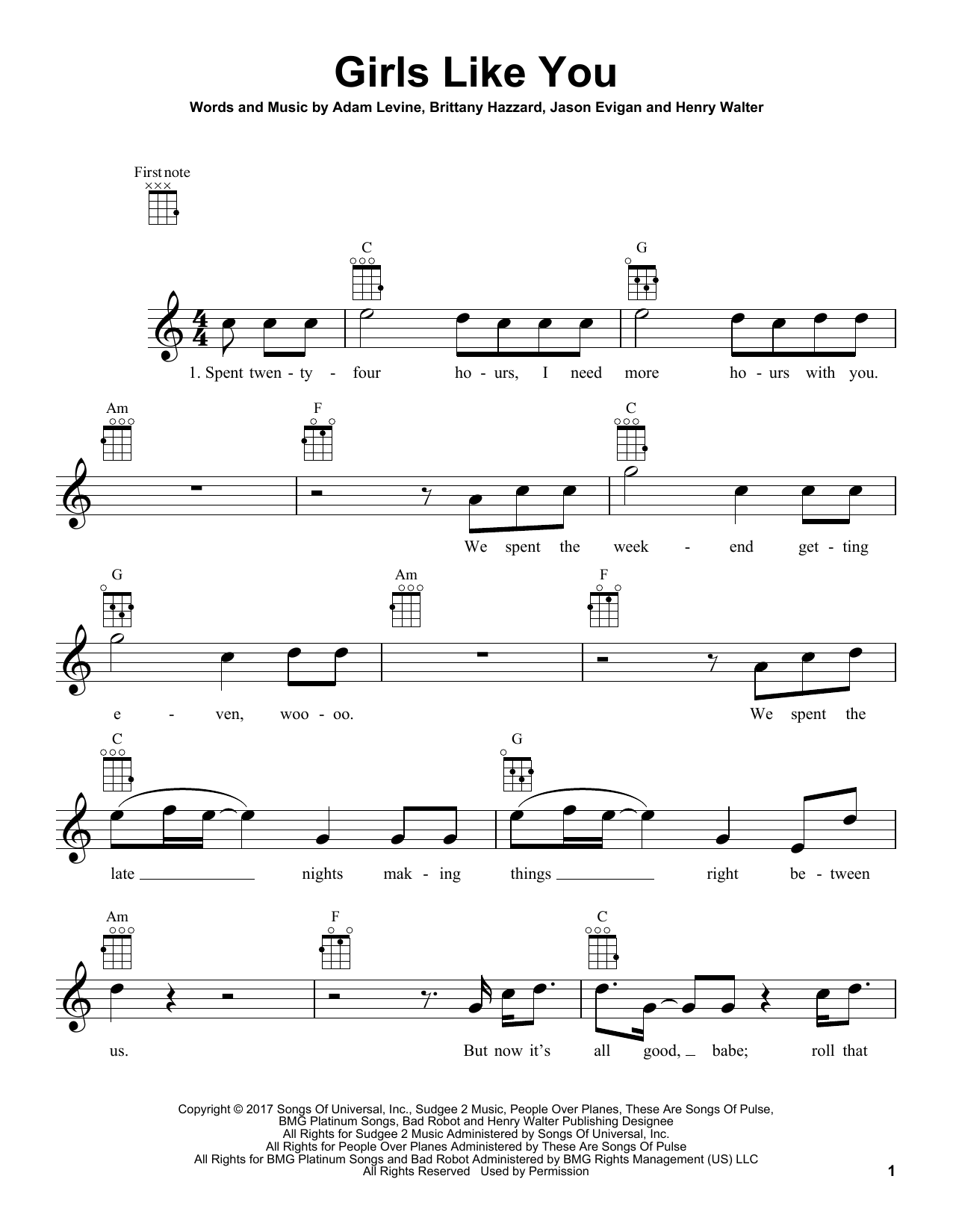 Preview Maroon 5 Girls Like You Pop sheet music, notes and chords for Ukulele, SKU: 255273 sheet music, piano notes, chords, guitar tabs, score, transpose, transcribe, how to play, guide, download, learn, tutorial, progression, song, artist, awards, billboard, mtv, vh1, tour, single, album, release