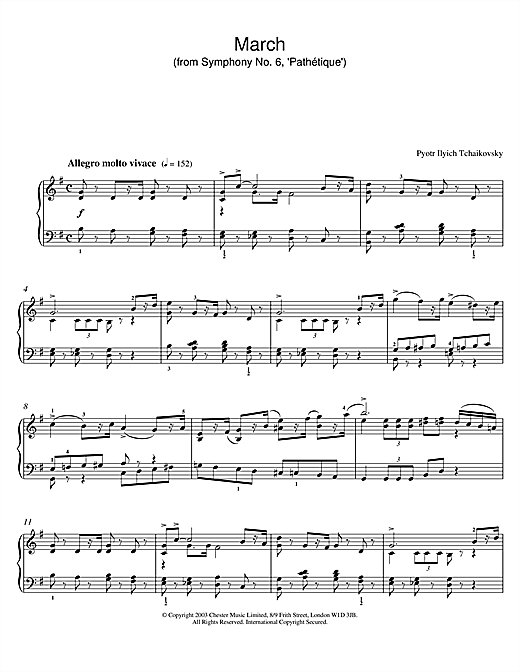 Preview Pyotr Ilyich Tchaikovsky March (from Symphony No. 6, 'Pathétique') Classical sheet music, notes and chords for Piano, SKU: 26038 sheet music, piano notes, chords, guitar tabs, score, transpose, transcribe, how to play, guide, download, learn, tutorial, progression, song, artist, awards, billboard, mtv, vh1, tour, single, album, release