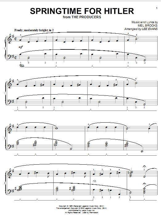 Preview Mel Brooks Springtime For Hitler Musicals sheet music, notes and chords for Piano, SKU: 26210 sheet music, piano notes, chords, guitar tabs, score, transpose, transcribe, how to play, guide, download, learn, tutorial, progression, song, artist, awards, billboard, mtv, vh1, tour, single, album, release