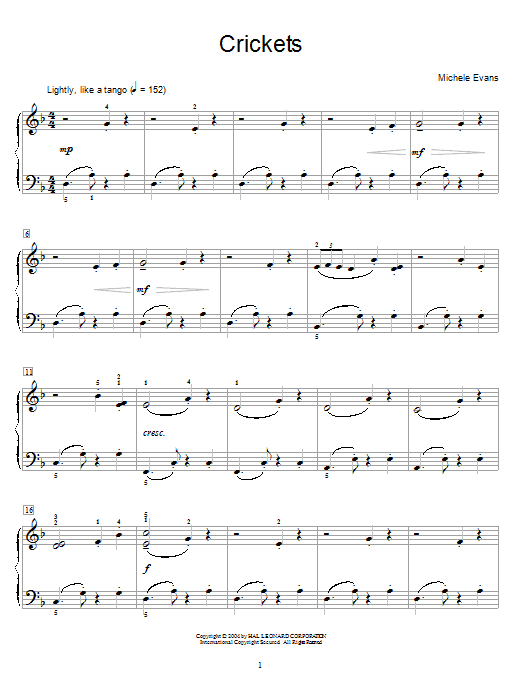 Preview Michele Evans Crickets Classical sheet music, notes and chords for Educational Piano, SKU: 27241 sheet music, piano notes, chords, guitar tabs, score, transpose, transcribe, how to play, guide, download, learn, tutorial, progression, song, artist, awards, billboard, mtv, vh1, tour, single, album, release