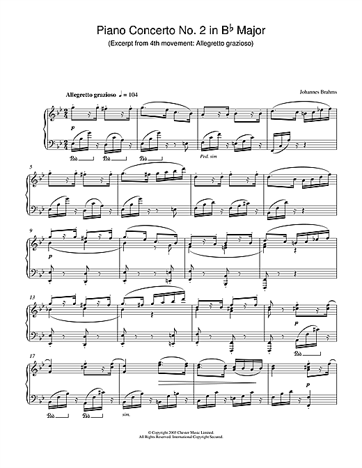 Preview Johannes Brahms Piano Concerto No. 2 in B Flat Major (Excerpt from 4th movement: Allegretto grazioso) Classical sheet music, notes and chords for Piano, SKU: 27438 sheet music, piano notes, chords, guitar tabs, score, transpose, transcribe, how to play, guide, download, learn, tutorial, progression, song, artist, awards, billboard, mtv, vh1, tour, single, album, release