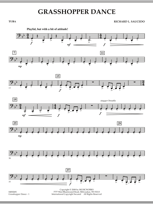 Preview Richard L. Saucedo Grasshopper Dance - Tuba Concert sheet music, notes and chords for Concert Band, SKU: 274950 sheet music, piano notes, chords, guitar tabs, score, transpose, transcribe, how to play, guide, download, learn, tutorial, progression, song, artist, awards, billboard, mtv, vh1, tour, single, album, release