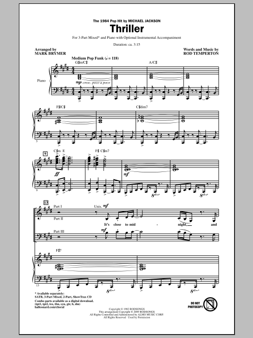 Preview Mark Brymer Thriller Funk sheet music, notes and chords for 3-Part Mixed Choir, SKU: 282766 sheet music, piano notes, chords, guitar tabs, score, transpose, transcribe, how to play, guide, download, learn, tutorial, progression, song, artist, awards, billboard, mtv, vh1, tour, single, album, release