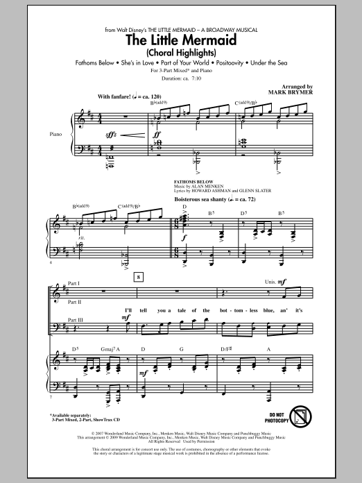 Preview Mark Brymer The Little Mermaid (Choral Highlights) Disney sheet music, notes and chords for 3-Part Mixed Choir, SKU: 284219 sheet music, piano notes, chords, guitar tabs, score, transpose, transcribe, how to play, guide, download, learn, tutorial, progression, song, artist, awards, billboard, mtv, vh1, tour, single, album, release