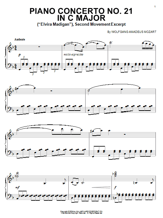 Preview Wolfgang Amadeus Mozart Piano Concerto No.21 in C Major (Elvira Madigan), 2nd Movement Excerpt Classical sheet music, notes and chords for Piano, SKU: 28445 sheet music, piano notes, chords, guitar tabs, score, transpose, transcribe, how to play, guide, download, learn, tutorial, progression, song, artist, awards, billboard, mtv, vh1, tour, single, album, release