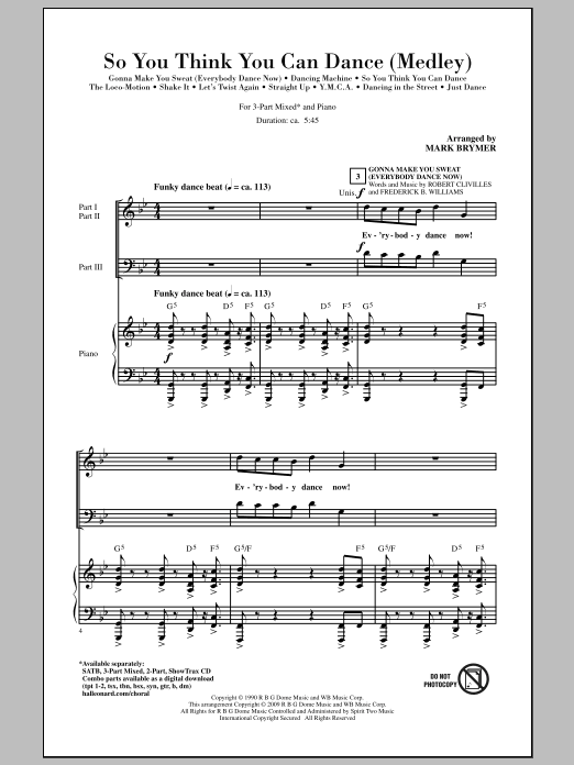 Preview Mark Brymer So You Think You Can Dance (Medley) Pop sheet music, notes and chords for 3-Part Mixed Choir, SKU: 284740 sheet music, piano notes, chords, guitar tabs, score, transpose, transcribe, how to play, guide, download, learn, tutorial, progression, song, artist, awards, billboard, mtv, vh1, tour, single, album, release