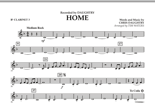Preview Tim Waters Home - Bb Clarinet 3 Pop sheet music, notes and chords for Concert Band, SKU: 287179 sheet music, piano notes, chords, guitar tabs, score, transpose, transcribe, how to play, guide, download, learn, tutorial, progression, song, artist, awards, billboard, mtv, vh1, tour, single, album, release