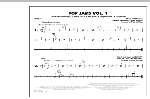 Preview Paul Murtha Pop Jams: Vol. 1 - Cymbals Pop sheet music, notes and chords for Marching Band, SKU: 288680 sheet music, piano notes, chords, guitar tabs, score, transpose, transcribe, how to play, guide, download, learn, tutorial, progression, song, artist, awards, billboard, mtv, vh1, tour, single, album, release