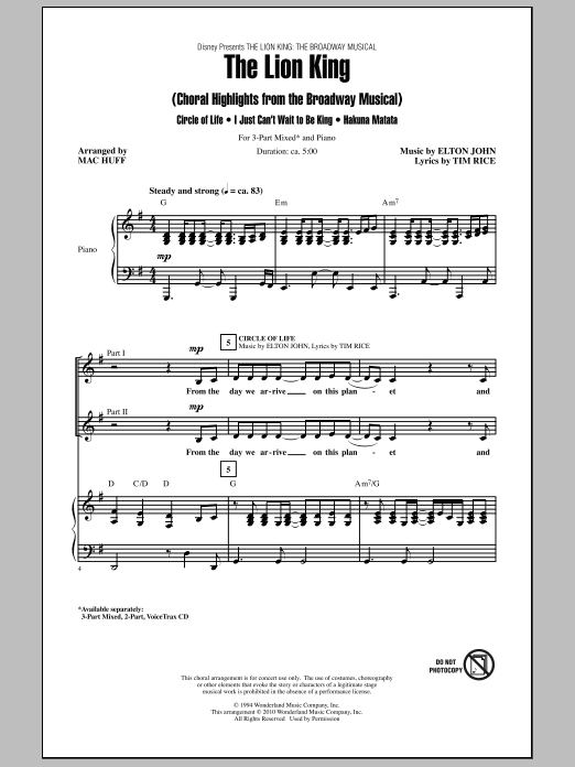 Preview Mac Huff The Lion King (Broadway Musical Highlights) Concert sheet music, notes and chords for 3-Part Mixed Choir, SKU: 290944 sheet music, piano notes, chords, guitar tabs, score, transpose, transcribe, how to play, guide, download, learn, tutorial, progression, song, artist, awards, billboard, mtv, vh1, tour, single, album, release