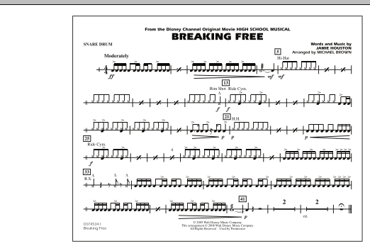 Michael Brown 'Breaking Free (from High School Musical) - Snare Drum' Sheet Music Notes, Chords | Download Printable Marching Band - SKU: 293994