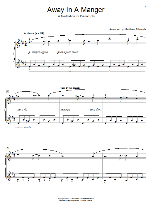 Preview Matthew Edwards Away In A Manger - A Meditation For Piano Solo Pop sheet music, notes and chords for Educational Piano, SKU: 29417 sheet music, piano notes, chords, guitar tabs, score, transpose, transcribe, how to play, guide, download, learn, tutorial, progression, song, artist, awards, billboard, mtv, vh1, tour, single, album, release